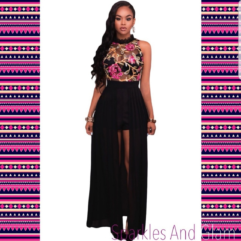 Black sheer floral romper 1 piece dress
